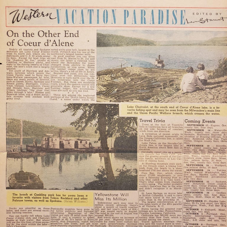 Item #185 Spokesman-Review, The. Sunday, September 14, 1947. Western Vacation Paradise [Coeur D’Alene, Idaho]. Spokesman-Review.